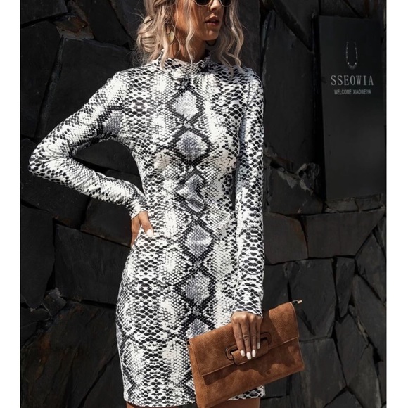 Snake Print High Neck Long Sleeve Bodycon Dress - Picture 1 of 4